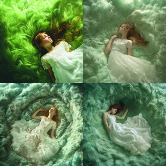 白世界中女孩躺绿皮毛上，目光被漩涡吸引，彩色铅笔画风，梦幻感，顶光，广角，高饱和度，好奇兴奋，童话氛围。