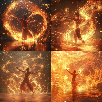 奇幻场景中男子全身挥手玩溅火焰，身旁有漩涡火、火泉，带光环和气场，3d渲染，侧视图，红与浅金，逆光，超细节。