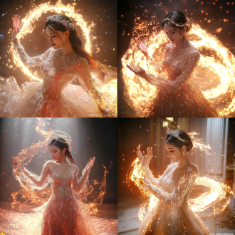 幻想场景中女孩全身像挥手玩溅火焰，有光环、漩涡火等，侧视图，远景平移，3d渲染，超细节，逆光，红与浅金，炽热。