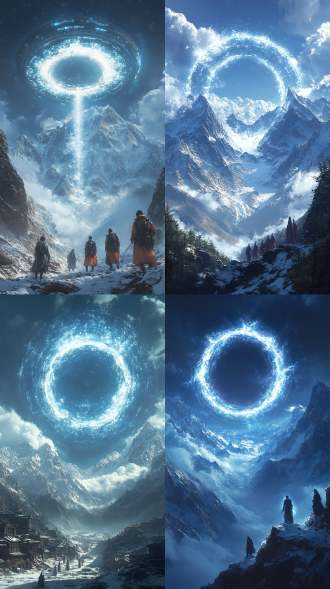 喜马拉雅雪山山巅上空出现了一扇穿越门，发着白色的光，喜马拉雅山发出蓝白色波光传送到天空中，天空中有一个科技感飞行舱，圆形，上面有一群中国女人在用脑电波输送能量，科幻
