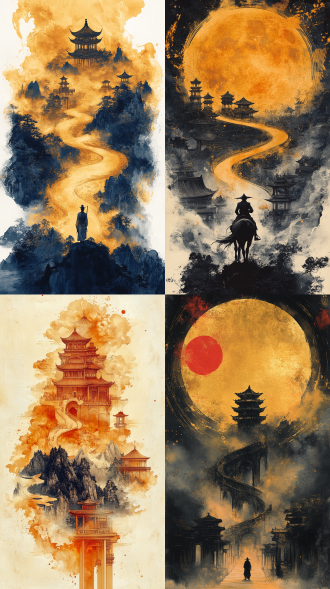 插画，钢笔画，版画，极简主义，双重曝光，by_james_jean。一条蜿蜒的巨大的金色水墨晕染弧线蔓延至整个画面，水墨弧线里叠加大量的中国风山水、大量的亭台楼阁、一个骑马的古代侠客的剪影。画面底部有...