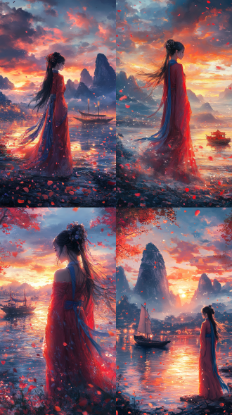 a beautiful chinese girl in red hanfu stands on the shore, with her long hair flowing behind her and a blue scarf around her neck. in front of her is an ancient boat at sea under sunset, surrounded by mountains. the water surface reflects colorful lights, creating a dreamy atmosphere. a few petals float nearby, adding beauty to it. the painting is in the style of an ancient chinese artist.