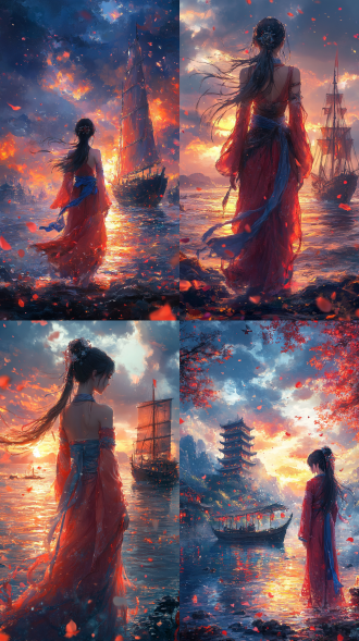 a beautiful chinese girl in red hanfu stands on the shore, with her long hair flowing behind her and a blue scarf around her neck. in front of her is an ancient boat at sea under sunset, surrounded by mountains. the water surface reflects colorful lights, creating a dreamy atmosphere. a few petals float nearby, adding beauty to it. the painting is in the style of an ancient chinese artist.