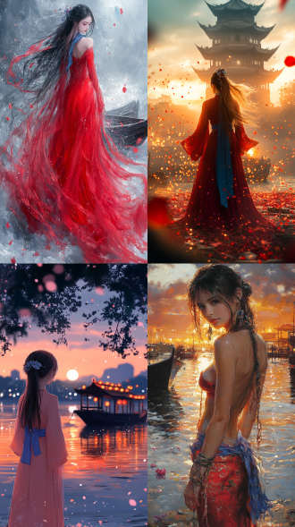 a beautiful chinese girl in red hanfu stands on the shore, with her long hair flowing behind her and a blue scarf around her neck. in front of her is an ancient boat at sea under sunset, surrounded by mountains. the water surface reflects colorful lights, creating a dreamy atmosphere. a few petals float nearby, adding beauty to it. the painting is in the style of an ancient chinese artist.