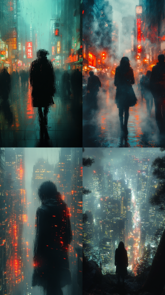 意识流场景，超现实拼接，不规则构图，城市虚影融合，冷色调，慢快门，顶光，虚幻感，抽象元素，神秘氛围。