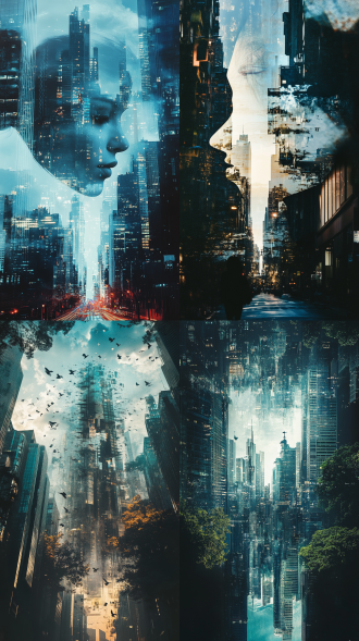 意识流场景，超现实拼接，不规则构图，城市虚影融合，冷色调，慢快门，顶光，虚幻感，抽象元素，神秘氛围。