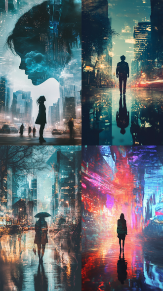 意识流场景，超现实拼接，不规则构图，城市虚影融合，冷色调，慢快门，顶光，虚幻感，抽象元素，神秘氛围。