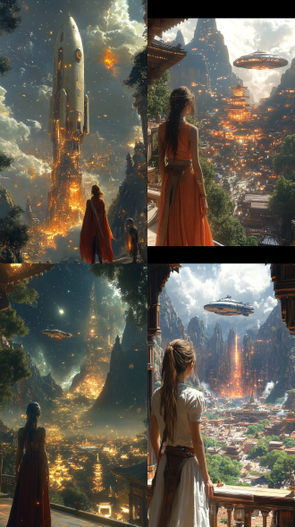 森林尽头平原航天器飞行，两山间发光城市，庙宇遇美女性，沿柱廊前行，露台赏景见女神，暖光，全景，梦幻风，宁静友善。
