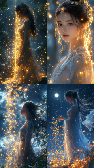 在一片宁静而神秘的夜空下，繁星点点，银河如一条璀璨的丝带横贯天际。星光洒在大地上，为这片静谧的世界披上了一层银色的轻纱。在这片星空下，一位女神轻轻漫步，她的身影在星光的映照下显得格外神圣而美丽。 女神的长发如瀑布般披散在肩头，眼中闪烁着星辰般的光芒。她身着一袭轻纱长裙，裙摆上缀满了细碎的水晶，在星光下熠熠生辉。她的肌肤白皙如雪，透出一种不食人间烟火的纯净之美。 在女神的手中，捧着一个精美的陶土罐子。这个罐子由古老的陶土制成，表面刻满了神秘的符文，仿佛蕴含着无尽的力量。罐子的口部微微敞开，里面装满了闪闪发光的金币。这些金币在星光的照耀下，闪烁着金色的光芒，宛如一个个小太阳。 女神轻轻举起陶土罐子，放在肩膀上，缓缓倾斜。金币从罐子中倾泻而出，如同金色的瀑布，洒落在大地上。每一枚金币都闪烁着耀眼的光芒，仿佛是星辰的碎片，落入凡间。金币落在地上，发出清脆的声响，仿佛是天籁之音，回荡在这片宁静的夜空下。 随着金币的倾泻，水元素也开始在女神的周围汇聚。清澈的水流从天而降，与金币交织在一起，形成了一幅美丽的画面。水流在星光的映照下，闪烁着银色的光芒，与金色的金币相互辉映，如同梦幻中的景象。 女神站在星空下，陶土罐子中的金币与水元素的水流交织在一起，构成了一幅神秘而美丽的画面。金币的金色与水流的银色相互交织，仿佛是天地间的精华汇聚于此。女神的脸上露出一丝微笑，仿佛在祝福着这片大地，愿它永远充满希望与繁荣。 在这个宁静的夜晚，星空、金币、水元素与女神共同构成了一幅永恒的画面，让人不禁为之陶醉。这不仅是一幅美丽的画面，更是大自然与神性力量的完美融合，象征着希望、繁荣与和谐。