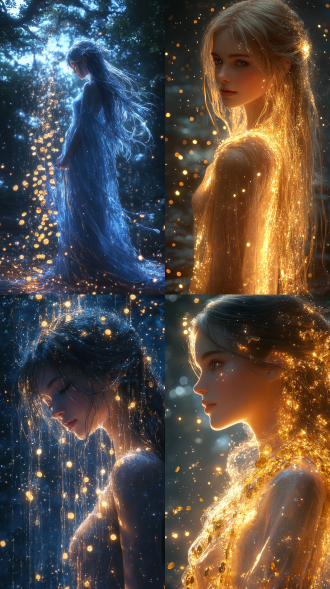 在一片宁静而神秘的夜空下，繁星点点，银河如一条璀璨的丝带横贯天际。星光洒在大地上，为这片静谧的世界披上了一层银色的轻纱。在这片星空下，一位女神轻轻漫步，她的身影在星光的映照下显得格外神圣而美丽。 女神的长发如瀑布般披散在肩头，眼中闪烁着星辰般的光芒。她身着一袭轻纱长裙，裙摆上缀满了细碎的水晶，在星光下熠熠生辉。她的肌肤白皙如雪，透出一种不食人间烟火的纯净之美。 在女神的手中，捧着一个精美的陶土罐子。这个罐子由古老的陶土制成，表面刻满了神秘的符文，仿佛蕴含着无尽的力量。罐子的口部微微敞开，里面装满了闪闪发光的金币。这些金币在星光的照耀下，闪烁着金色的光芒，宛如一个个小太阳。 女神轻轻举起陶土罐子，放在肩膀上，缓缓倾斜。金币从罐子中倾泻而出，如同金色的瀑布，洒落在大地上。每一枚金币都闪烁着耀眼的光芒，仿佛是星辰的碎片，落入凡间。金币落在地上，发出清脆的声响，仿佛是天籁之音，回荡在这片宁静的夜空下。 随着金币的倾泻，水元素也开始在女神的周围汇聚。清澈的水流从天而降，与金币交织在一起，形成了一幅美丽的画面。水流在星光的映照下，闪烁着银色的光芒，与金色的金币相互辉映，如同梦幻中的景象。 女神站在星空下，陶土罐子中的金币与水元素的水流交织在一起，构成了一幅神秘而美丽的画面。金币的金色与水流的银色相互交织，仿佛是天地间的精华汇聚于此。女神的脸上露出一丝微笑，仿佛在祝福着这片大地，愿它永远充满希望与繁荣。 在这个宁静的夜晚，星空、金币、水元素与女神共同构成了一幅永恒的画面，让人不禁为之陶醉。这不仅是一幅美丽的画面，更是大自然与神性力量的完美融合，象征着希望、繁荣与和谐。