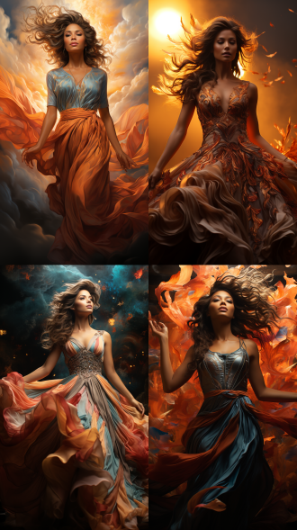 凤凰神女云端站立，身姿飘逸长裙舞，面容绝美神情高贵，梦幻风，逆光长焦，绚丽色，空灵神圣。