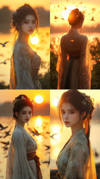 中国古风美女，五官精致身材修长，着薄纱外套丝裙，晚霞飞鸟河水渔夫远景，对角线构图，暖黄调，长焦，逆光，静立，优雅神秘，8k。