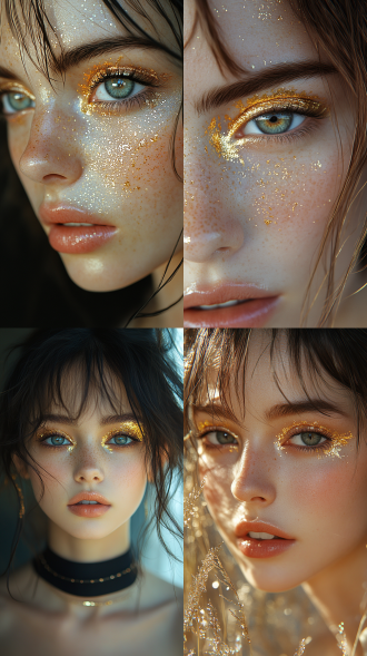少女金箔眼影，马克笔岩彩装饰，特写，8k，yeoniu choi与audrey kawasaki风，梦幻怪诞，暖光，颗粒朦胧。