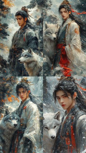 中国天界王子bjd插画杰作，巴洛克对角线构图，明暗对比，王子瓷肌凤冠宋袍，倚冰狼，背景松、山、云，数字画带水粉油画质感，艺术站热门