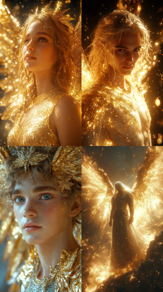 大天使加百列在天堂，全身像特写，金白主色，超现实风格，电影光效，细节繁复，3d渲染，8k超清，强光。