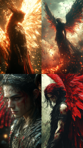 路西法，堕落天使，地狱场景，超现实风格，红黑主调，近景全身，电影光效，暗光，3d渲染，细节繁复，8k超清。