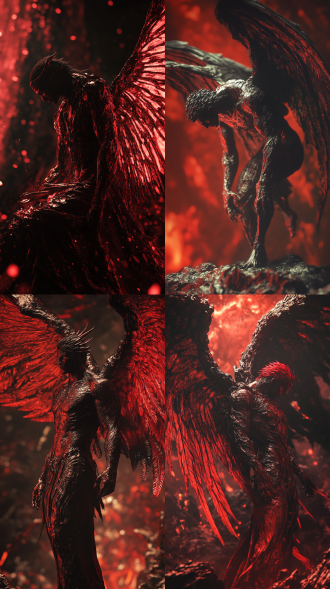 路西法，堕落天使，地狱中，超现实风格，红黑主调，特写全身，复杂细节，3d渲染，暗光，电影光，8k超清。