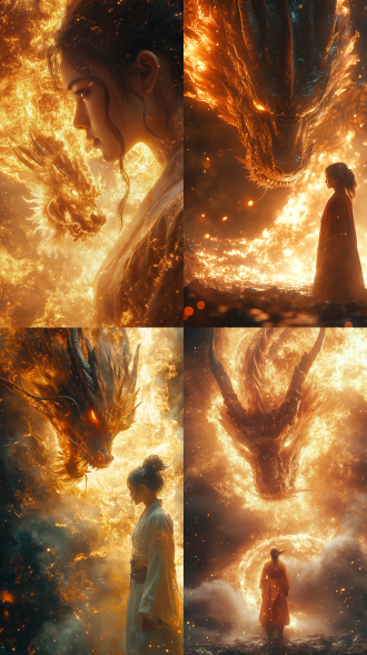 哪吒对战苍龙，中心构图，金光背景，暖黄主调，8k超清，广角镜头，逆光，动作激烈，霸气神秘氛围。