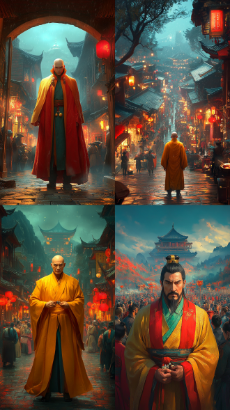 一位目光凌厉、满脸杀气的除魔高僧和尚，身披金色袈裟，手持降魔佛珠，呈全身照。（和尚）（外貌特征） 他独自威严地站在热闹非凡的怡红院门口。 整体氛围透着神秘与肃杀。（画面氛围） 画面采用暖色调，以全景展现，注重高清细节和细腻纹理，画质超清。（画面效果）