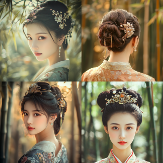 美丽中国女孩，唐代发髻配宝石发簪着唐装，古宫竹林背景，半身特写三分构图，自然光暖色调，精致温婉。