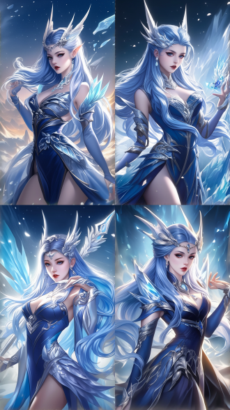 西海龙王敖闰姑姑正面全身照，居中构图，蓝色长发贝壳簪，蓝银色海浪服饰，严肃和蔼，写实风，8k，室内，侧逆光，细节丰富。