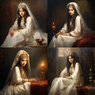 破旧古画，超写实油画，冷军油画风格，复古气氛，中东风格穿着白色华丽裙子的年轻公主，头戴皇冠正面坐着，古典油画，伦勃朗油画风格，超细节描绘，昏暗室内，暖色调，长焦镜头，柔和侧光，静态，沉思。