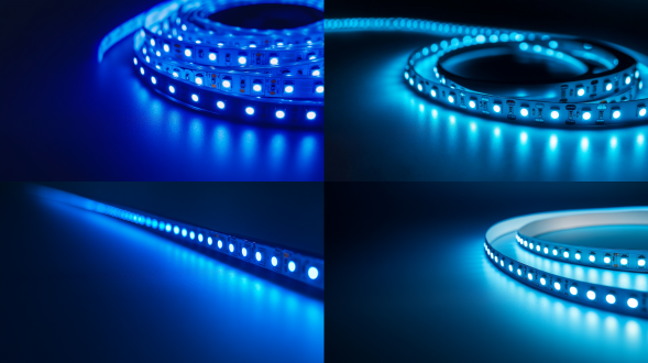 电子灯带，高级科技光感，正视图，高分辨率，蓝色调，侧光，细节清晰，极简主义，精确对焦，静止，科技感，专业摄影