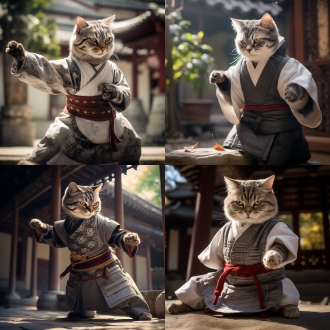 功夫猫，站在古老的中国庭院里，身穿中国传统武术服装，展示出高超的功夫技艺。背景是一片青砖灰瓦，阳光透过树叶洒落在地面上。肌肉线条明显，眼神凝重。真实的细节，完美的细节，真实的摄影，照片。庭院，传统服装，武术，阳光，青砖，肌肉线条，凝重。