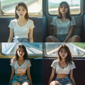 年轻亚洲女子坐中国高铁，穿白半袖低领t恤与牛仔短裤，身材丰满，近景特写，正面俯拍，高铁内，自然光，写实风。