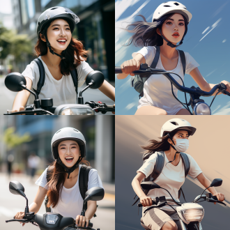 亚洲年轻女子骑电车在宽阔马路，黑盔白口罩，白半袖低领t恤牛仔短裤，近距俯拍，写实风，自然光影，特写，高级感。