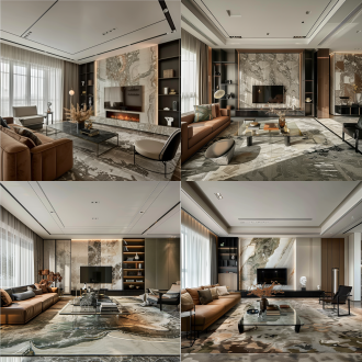 这是室内设计实景图，展示了一个现代风格的客厅。客厅的主色调是中性色，以白色、灰色和棕色为主。客厅中央有一张长方形的玻璃茶几，上面摆放着一些装饰品和书籍。茶几的左侧是一张棕色的长沙发，上面有几个装饰性的抱枕。沙发的右侧是一把黑色的单人椅，旁边是一个黑色的落地灯。 客厅的右侧墙壁上装饰着一块大型的大理石纹理的装饰板，上面有几个黑色的架子，摆放着一些装饰品和书籍。右侧电视柜上有一个壁炉，里面燃烧着火焰，为房间增添了一丝温暖。壁炉的旁边是一个黑色的金属架子，上面摆放着一些装饰品。 客厅的地板是大理石纹理的，与墙壁上的装饰板相呼应。客厅的天花板是无主灯白色天花，有几个嵌入式的灯具。 客厅的窗户很大，窗帘是半透明的，可以让自然光进入房间。窗户旁边有一个白色的落地灯。整个房间的光线柔和，营造出一种温馨舒适的氛围。 整个房间的设计简洁而现代，使用了大量的大理石纹理和金属元素，营造出一种高端而时尚的氛围。 氛围感照明 当代室内 电影风格