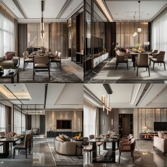 现代风格的室内空间照片质感实景图片，展示了相连的餐厅和客厅区域。 在餐厅部分，靠墙设有深色的高大餐边柜，设计简洁大气。餐桌为长方形，搭配多把浅棕色皮质餐椅，椅边有精致的缝线细节。餐桌上摆放着水果、花瓶等装饰，增添生活气息。上方悬挂着一排简约的吊灯，提供照明。 客厅区域，有一张棕色的沙发，沙发上放置着靠枕，显得舒适温馨。沙发旁有一盏落地灯，可提供局部照明。客厅中央摆放着一张现代感十足的茶几，茶几上也有装饰摆件。沙发对面是一面采用独特花纹大理石装饰的墙面，墙下方设有电子壁炉，增添温暖氛围。客厅还放置了一把造型独特的单人椅，地面铺有纹理柔和的地毯。 两个区域之间以一个金属质感的镂空屏风进行软性分隔，既保证空间的通透感，又在一定程度上区分了功能区。大面积的落地窗装有轻薄的纱帘，让自然光线柔和地洒入室内，整体营造出舒适、时尚且富有质感的居住环境。高级质感，光影效果。 氛围感照明 当代室内 电影风格