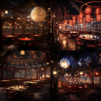 雪花纷飞的后现代火锅餐厅，弯月清冷，夜色红尘交织冷调，金属铁艺装饰，暖黄灯光，广角，低饱和度色彩，神秘氛围。