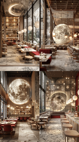 金属铁艺与亚克力元素，残缺弯月飘雪，冷色主调，辅以暖黄灯光，青花瓷餐具与铜火锅，广角，夜景，氛围清冷。