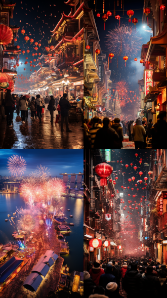 在年味儿浓郁的时刻，喜庆氛围似温暖潮水般肆意弥漫。街道张灯结彩，人群欢声笑语，每一处角落都淋漓尽致地展现出新年的欢快热闹，整体呈现出活力满溢、喜悦爆棚的欢快风格。以全景镜头望去，一幅热闹非凡的新年画卷缓缓铺陈开来，其中处处都流露出人们对新年的美好憧憬 。