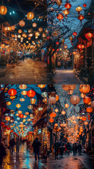 年味儿浓郁街道，张灯结彩人群欢笑，全景构图，喜庆暖色调，新年氛围，广角镜头，自然光，热闹，活力喜悦憧憬。