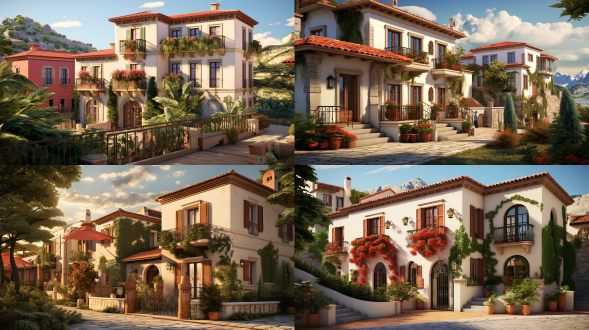 两座地中海风联排别墅，石饰灰泥外墙红瓦顶，带百叶窗与铁艺阳台，绿植环绕，背景高楼，三分法构图，写实光，4k，暖色调，宁静。