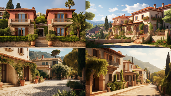 两栋地中海风格房屋，左右布局，红瓦浅色外墙配石材，绿植环绕，远景高楼，对称构图，暖光，长焦，丰富细节，宁静惬意。