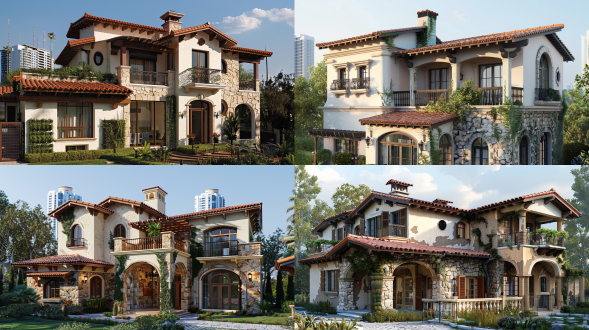 左侧房屋： 外墙 ：主要采用浅色的灰泥（stucco）材质，部分区域使用了石材装饰，增加了质感和层次感。 屋顶 ：覆盖着红色瓦片，呈现出典型的地中海式屋顶设计。 窗户 ：多为矩形，部分窗户配有百叶窗，增加了建筑的美观性和实用性。 阳台 ：有一个小阳台，配有铁艺栏杆，位于二楼。 入口 ：门廊上方有遮阳棚，提供一定的遮蔽功能。 烟囱 ：在屋顶上可以看到一个烟囱，增加了建筑的传统气息。 右侧房屋： 外墙 ：同样采用了浅色灰泥和石材装饰，与左侧房屋风格一致。 屋顶 ：同样是红色瓦片，但右侧房屋的屋顶线条更加复杂，增加了视觉上的丰富性。 窗户 ：窗户数量较多，部分窗户也有百叶窗设计，二楼有一个较大的阳台，配有铁艺栏杆。 入口 ：门廊上方有一个拱形设计，显得更加开阔和大气。 细节 ：右侧房屋的墙面有一些圆形装饰物，可能是灯具或其他装饰元素，增加了建筑的细节感。 周围环境： 绿化 ：两栋房屋周围有绿色植物，增加了居住环境的舒适度和美观度。 背景 ：远处可以看到高层建筑，表明这两栋房屋可能位于城市郊区或近郊地区。 总体来看，这两栋房屋的设计注重细节和美观性，体现了地中海建筑风格的独特魅