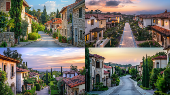 左右房屋地中海风格，红瓦浅色灰泥外墙配石材，绿植环绕，远景高楼，对称构图，暖光，长焦镜头，丰富色彩，宁静氛围。