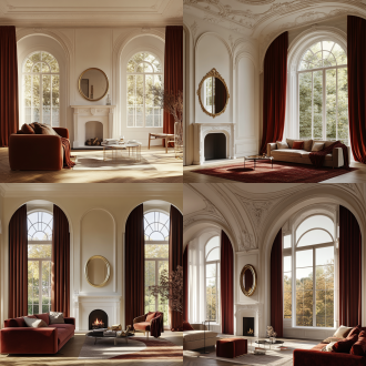 法国现代省居客厅，双高拱顶石膏雕花，拱窗配赤褐绒帘，橡木沙发，白壁炉配洛可可镜，暖中性调，金时照明，8k渲染，3:2
