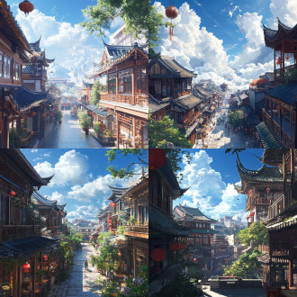 街道，人的视角，日景，日光，蓝天白云，中式屋顶，露台，反射，湿度，（（杰作）），（赛博朋克1.3），高分辨率（（最佳画质：1.4）），（超高分辨率：1.2），（逼真度：1.4），（8k:1.2），细节，建筑物，建筑，室内光线，景观，艺术建筑