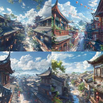 街道，人的视角，日景，日光，蓝天白云，中式屋顶，露台，反射，湿度，（（杰作）），（赛博朋克1.3），高分辨率（（最佳画质：1.4）），（超高分辨率：1.2），（逼真度：1.4），（8k:1.2），细节，建筑物，建筑，室内光线，景观，艺术建筑