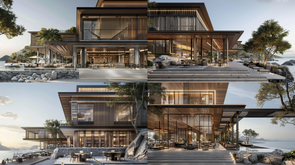 一栋三层热带度假酒店建筑，基座为花岗岩，立面配有竹制遮阳板，屋顶为深色木材，墙面为白色。建筑坐落于珠海东澳岛悬崖之上，俯瞰大海。自然光线透过百叶遮阳，在石材上投下柔和阴影。夜晚通过暖调环境照明突显建筑细节。 风格写实 高清质量