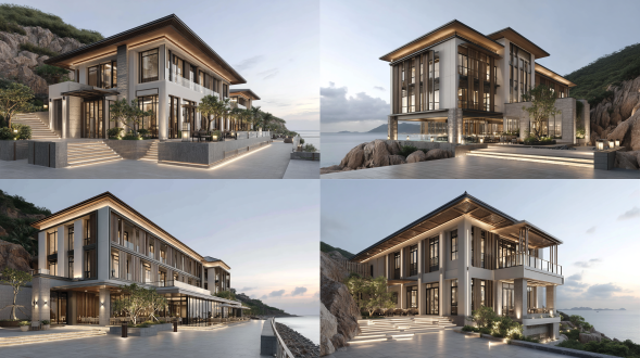 一栋三层热带度假酒店建筑，基座为花岗岩，立面配有竹制遮阳板，屋顶为深色木材，墙面为白色。建筑坐落于珠海东澳岛悬崖之上，俯瞰大海。自然光线透过百叶遮阳，在石材上投下柔和阴影。夜晚通过暖调环境照明突显建筑细节。 风格写实 高清质量