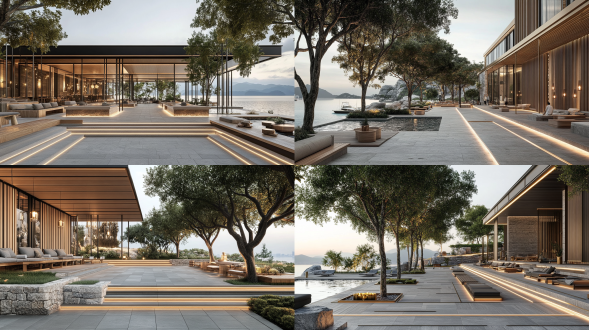 珠海东澳岛度假酒店下沉式入口广场，使用本地青石铺地、黄铜水景装置、回收木材长椅及耐候钢板挡土墙。空间被本土树木遮荫，内置led灯带与吊灯提供温暖环境照明，营造宁静而具有仪式感的迎宾氛围。黄昏光照。使用c4d oc渲染器，采用电影灯光，精细捕捉每个细节，呈现出极致超现实主义风格，保证杰作级质量。