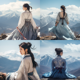 16岁亚洲女孩汉服背影全身像，靠栏杆眺望远处雪山蓝天白云，三分构图，电影质感，长焦，自然光，远景，清新色调，宁静 。