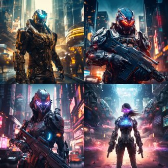 未来战士于两边街道废墟中，身穿防护铠甲，手持雷射枪，对称构图，赛博朋克风，顶光，长焦镜头，金属色，坚毅，科幻感。