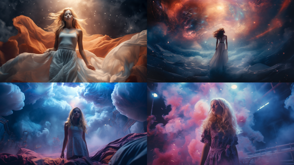 女孩置身史诗般盗梦空间场景，中心构图，超现实风格，全景镜头，顶光，梦幻色彩，神情迷茫，艺术摄影，神秘氛围。