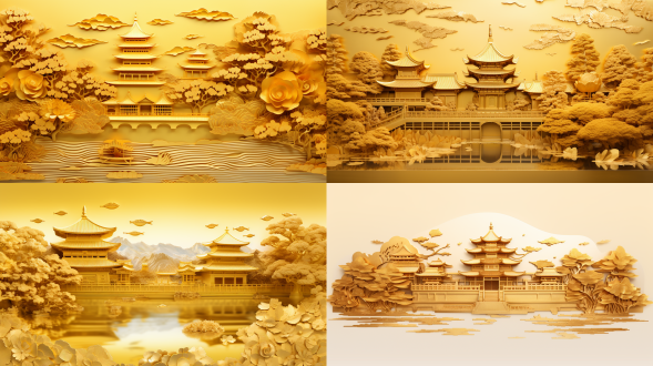 金阁寺金箔纸工艺插画，极简中式风，远景构图，金色调，浮雕感，金箔纸张，超细节8k，禅意氛围，有中式元素。